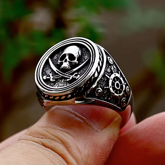 Vintage Pirate Skull Ring with Dual Knives – Gothic Stainless Steel Statement Jewelry